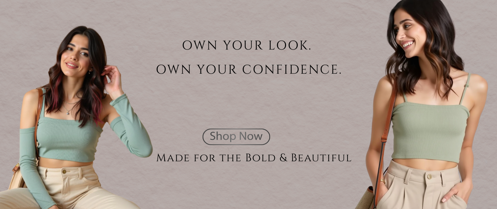 Woman wearing a green top with text encouraging confidence and shopping.