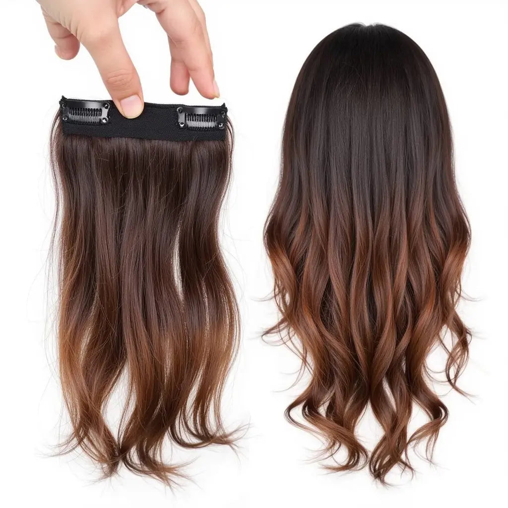 Two clip weft extensions in straight brown ombre, showcasing natural texture and voluminous waves.