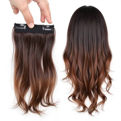 Two clip weft extensions in straight brown ombre, showcasing natural texture and voluminous waves.