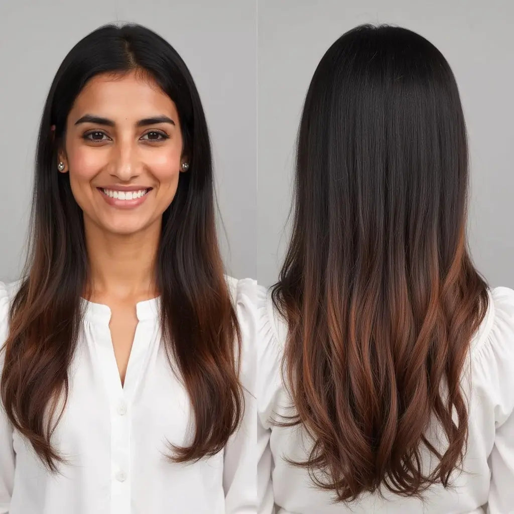 Model showcasing straight brown ombre hair extensions from the front and back, highlighting their volume and texture.