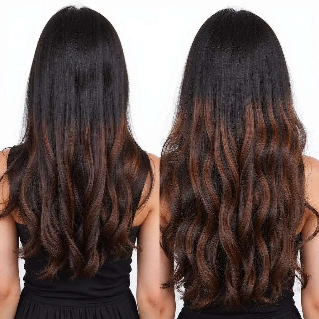 3 Clip Weft- Wavy Black Weft with Dark Brown Highlights.