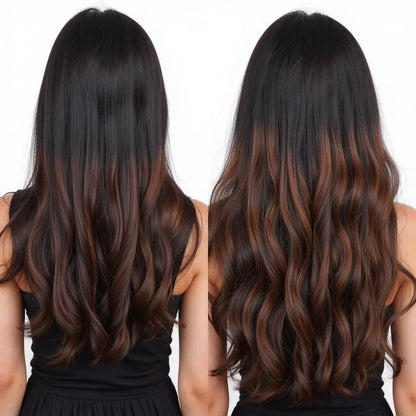 3 Clip Weft- Wavy Black Weft with Dark Brown Highlights.