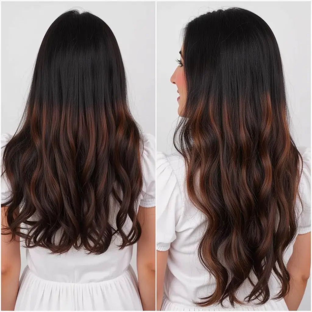 3 Clip Weft- Wavy Black Weft with Dark Brown Highlights.