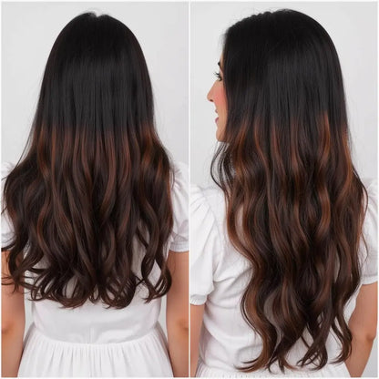 3 Clip Weft- Wavy Black Weft with Dark Brown Highlights.