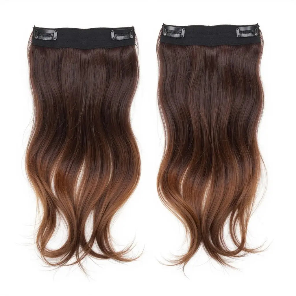 Two clip weft hair extensions in straight brown ombre, perfect for adding volume and enhancing hairstyles.
